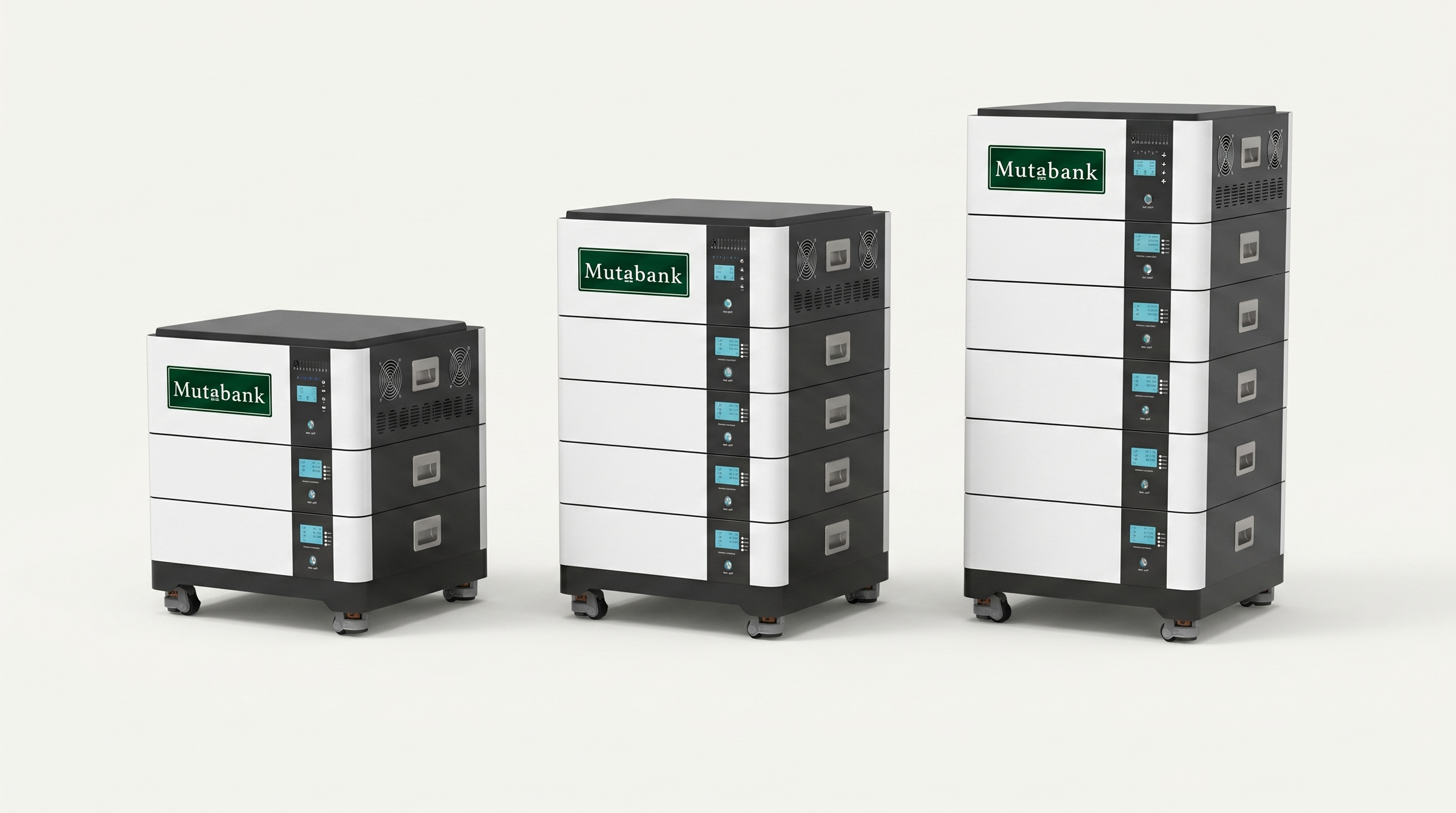 Mutabank battery lineup — 20 kWh, 30 kWh, and 50 kWh modular stacks