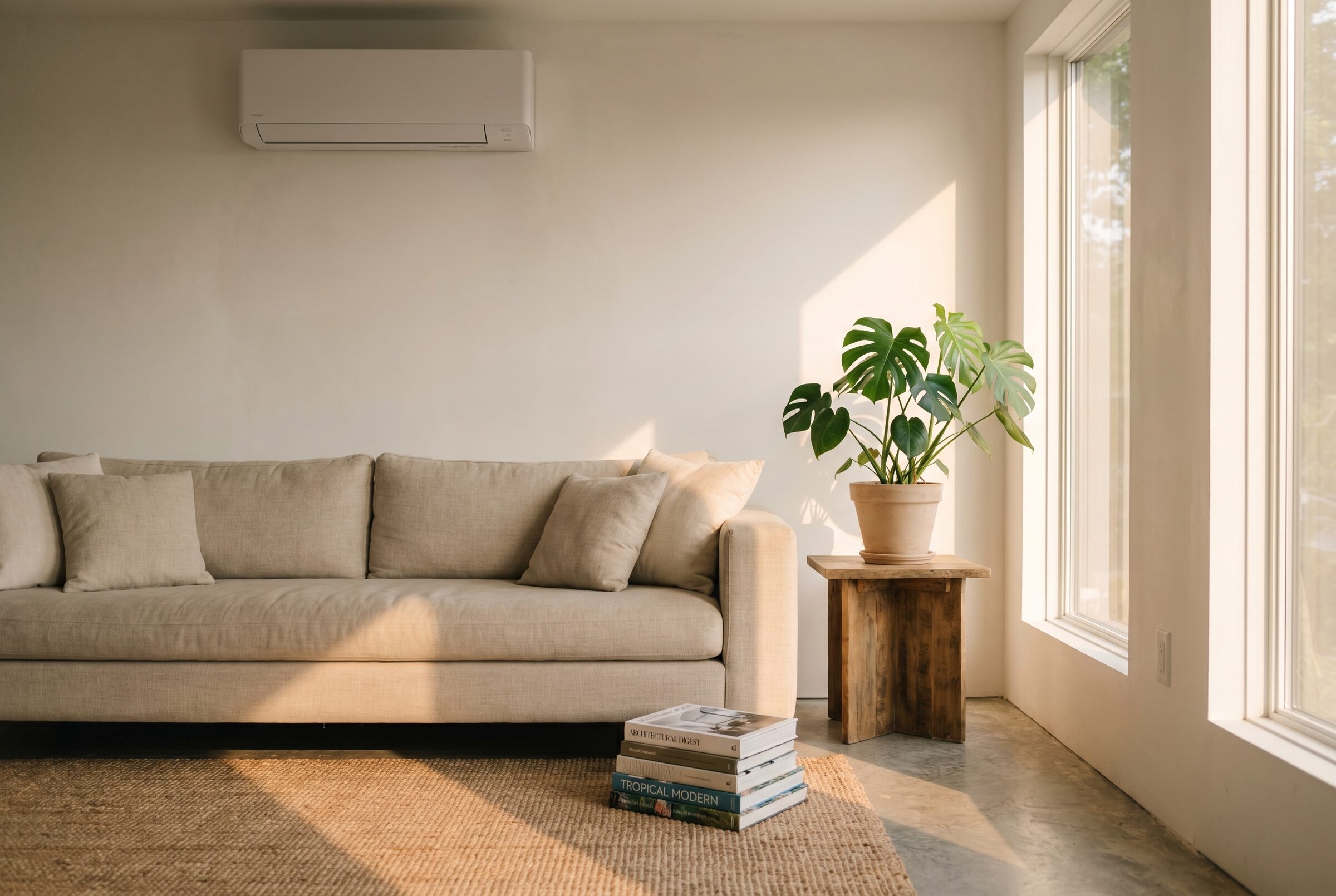 Mutabank LH wide-throw wall-mount AC installed in open-plan living
