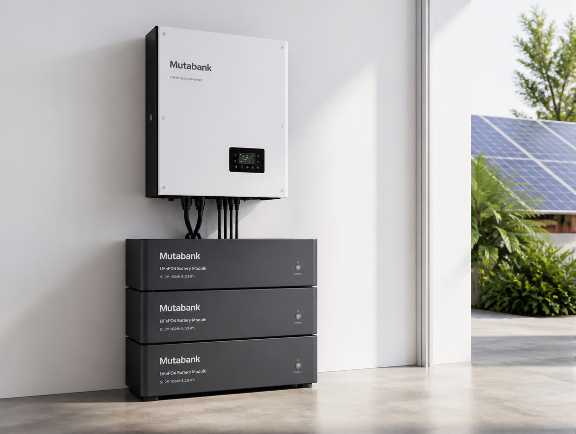 Mutabank 10 kW hybrid inverter with stacked battery modules
