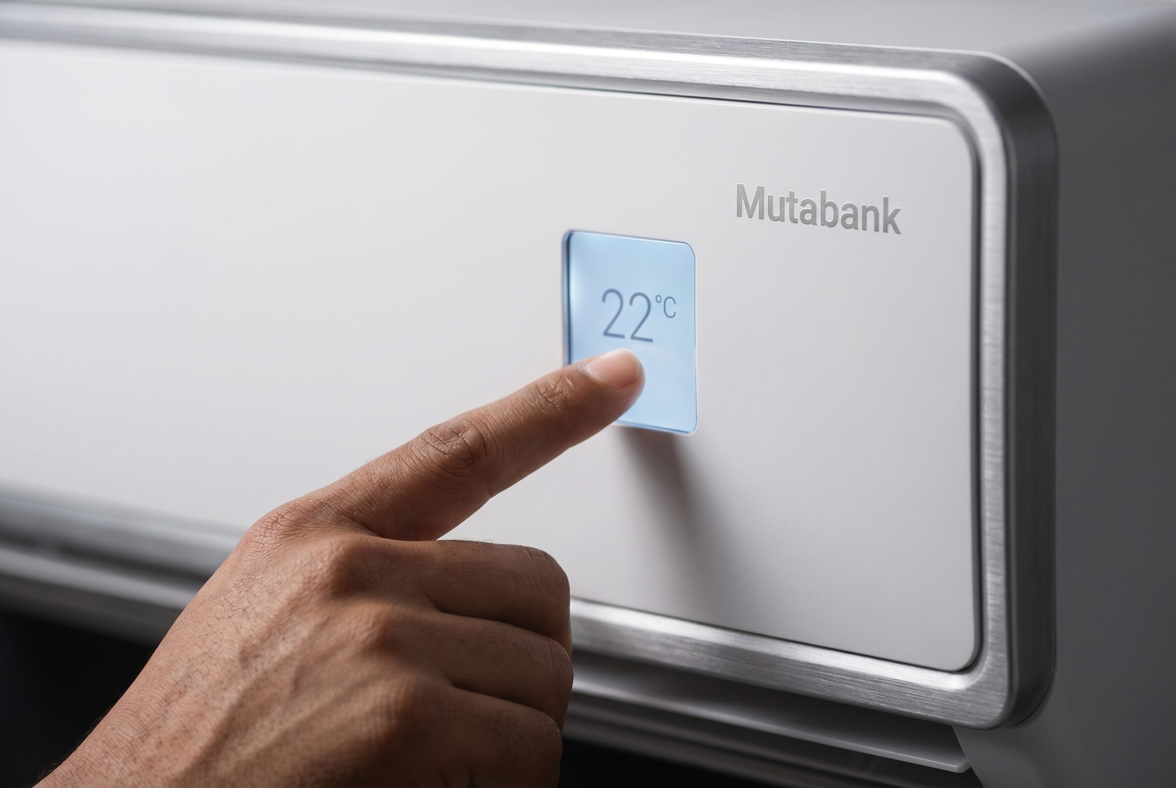 A finger setting the temperature on a Mutabank wall-mount touchscreen