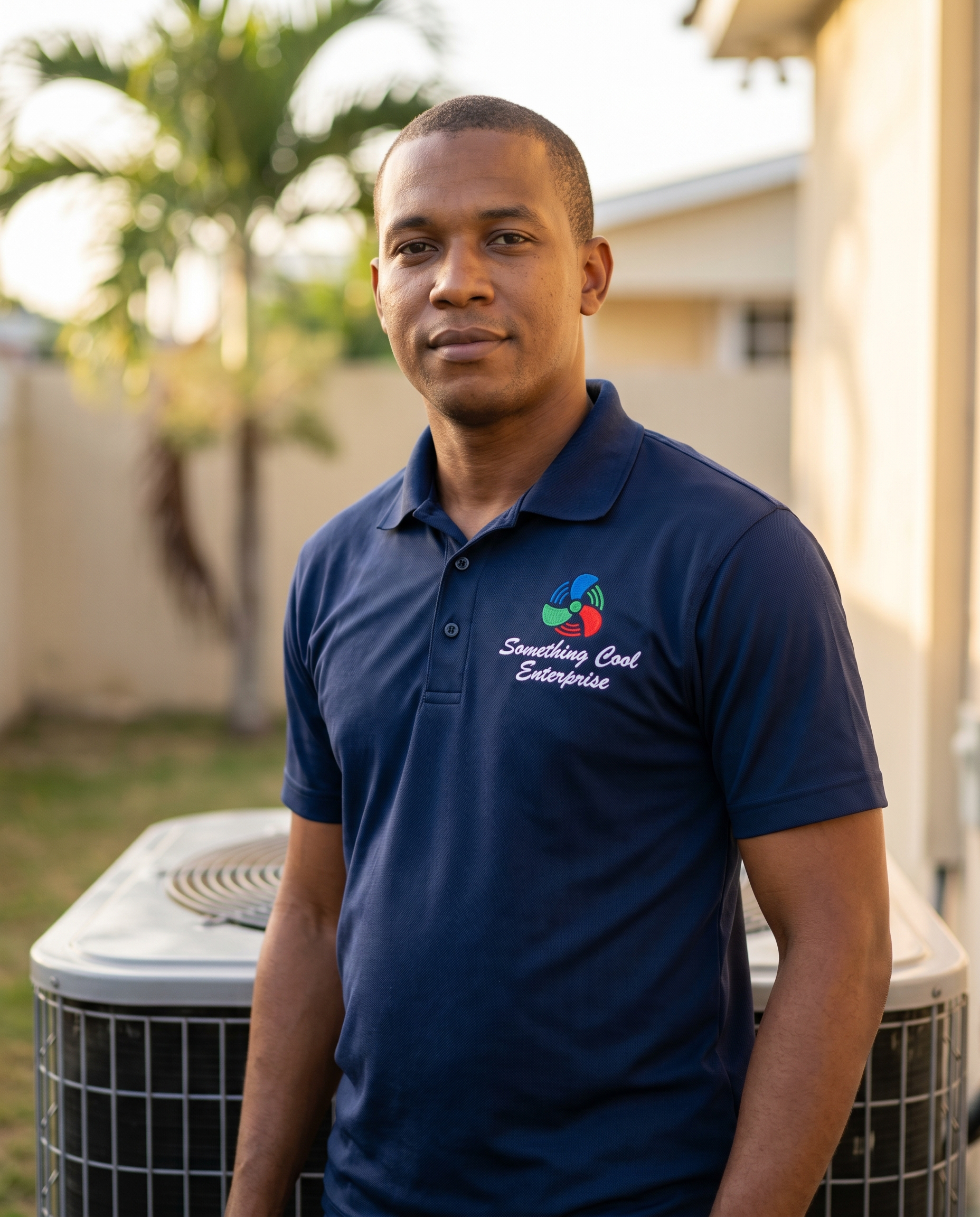 A Something Cool technician beside an outdoor AC condenser, golden-hour Kingston